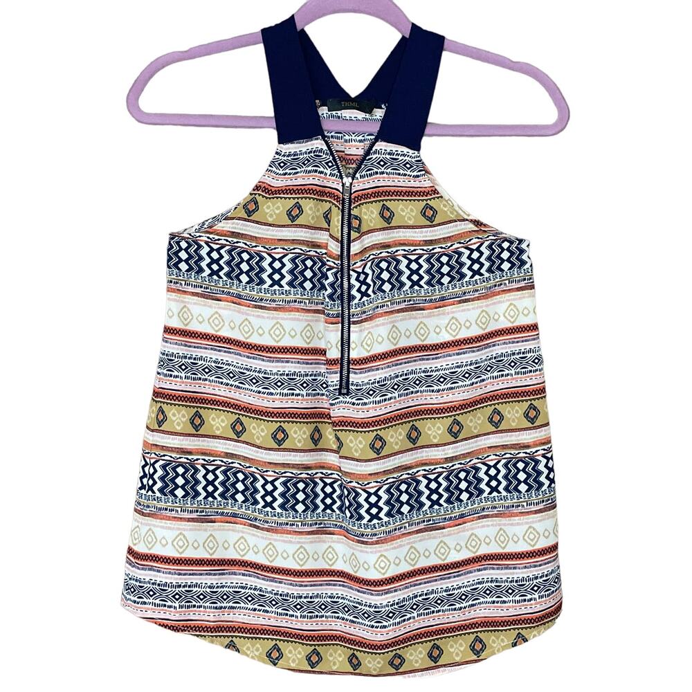 THML 1/2 Zip Multi Pattern Striped Racerback Tank Top Round Hem SZ Small